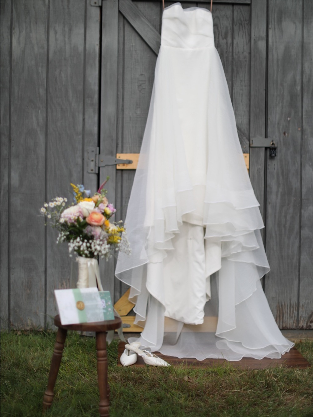 Strapless White Layered Wedding Dress with Cascading Tiers